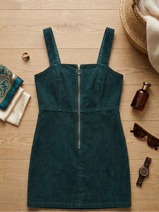 twik Dresses & Skirts - twik Teal Corduroy Mini Dress with Front Zip